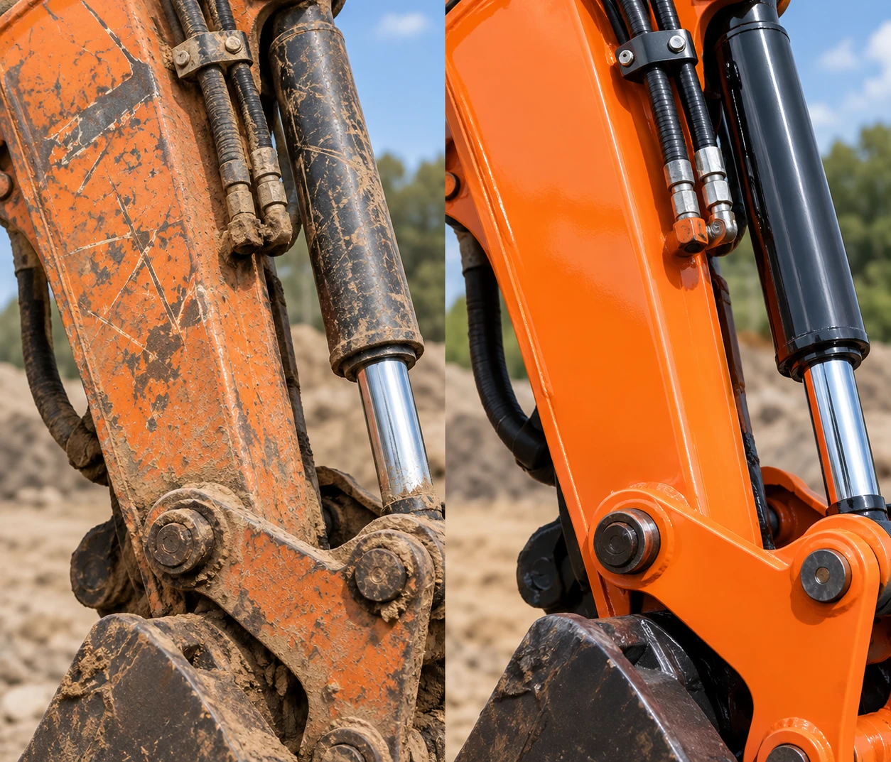 Same excavator boom before and after restoration