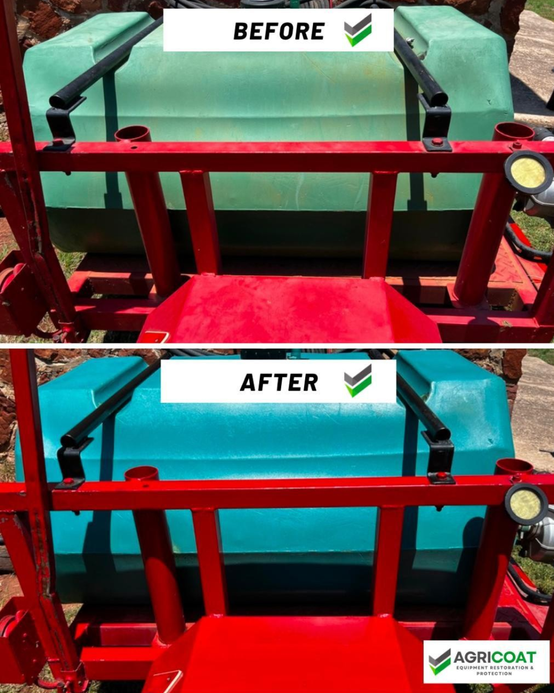 Agricoat Restore before and after result on red agricultural equipment