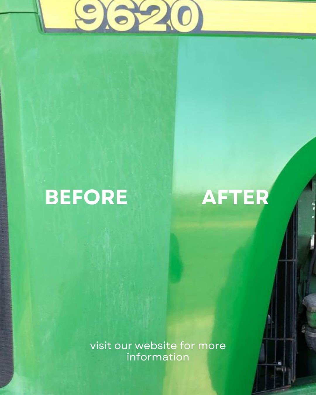 Agricoat Restore before and after result on green John Deere bodywork