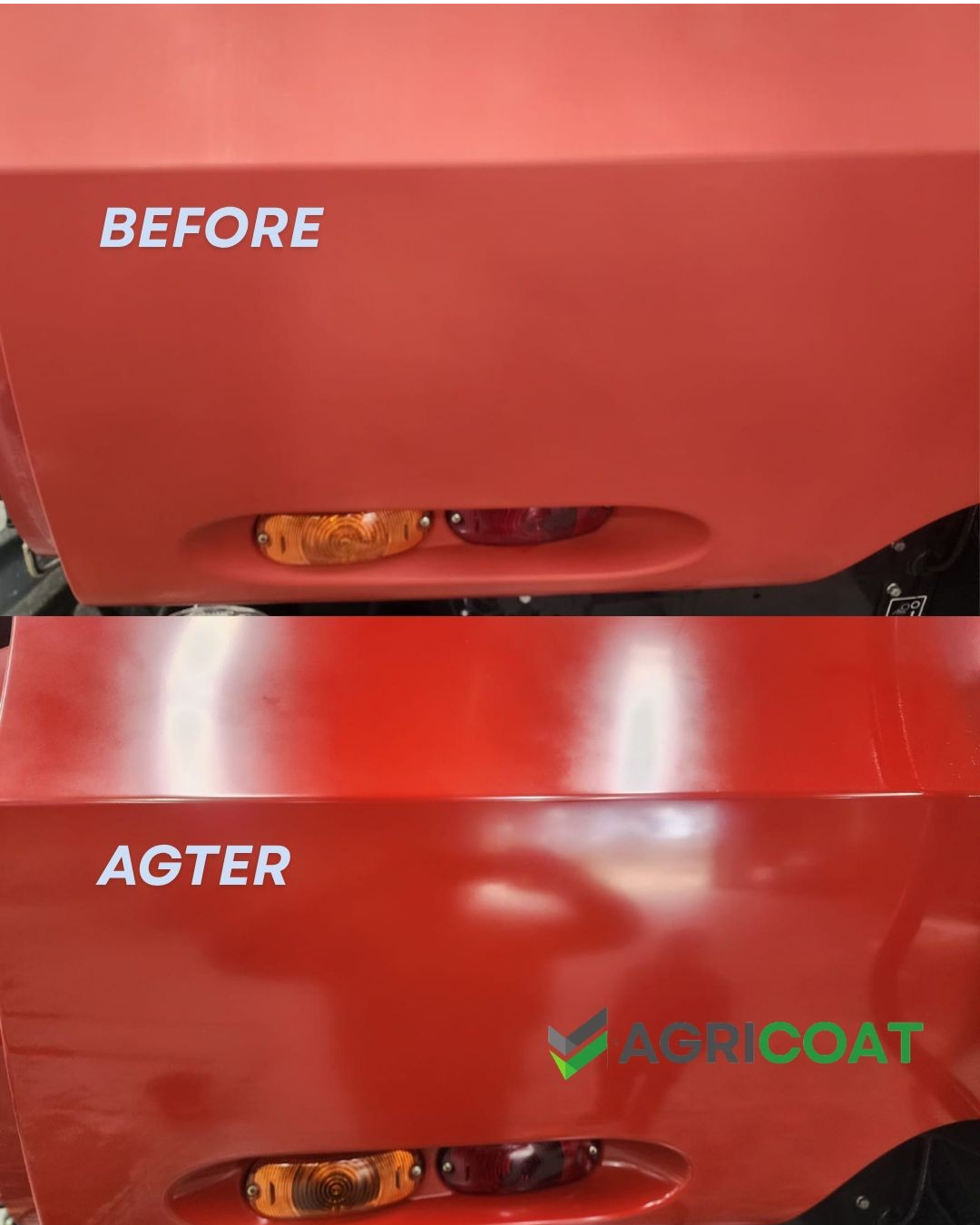 Agricoat Restore before and after result on red equipment bodywork