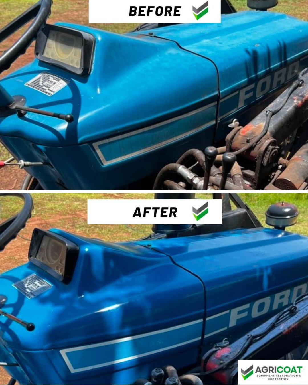 Agricoat Restore before and after result on blue Ford tractor bodywork