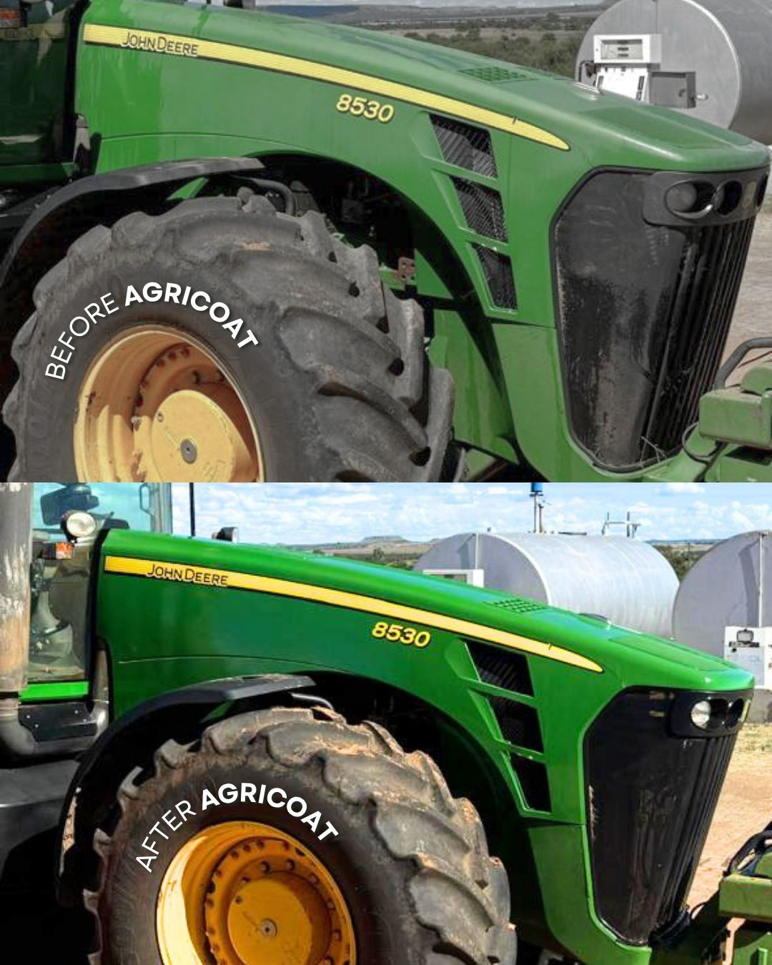 Agricoat Restore before and after result on green John Deere tractor