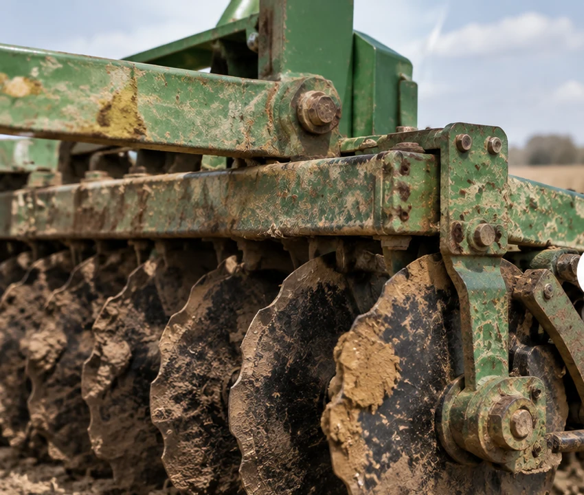Weathered agricultural equipment before Agricoat Restore application