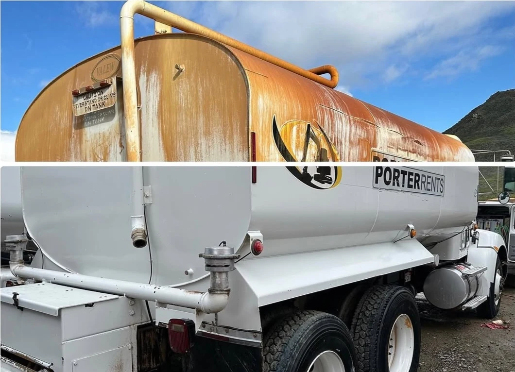 Before and after restoration of a tanker truck